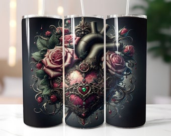 Vintage Gothic Heart Tumbler Wrap - 20oz Skinny Tumbler Sublimation Straight Design - Halloween Tumbler Wrap - Digital Download