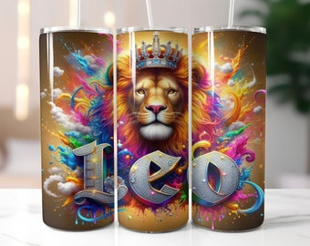Gold Zodiac Leo Tumbler Wrap - Diseño recto de sublimación de vaso delgado de 20 oz - Leo Zodiac Tumbler Wrap - Descarga digital