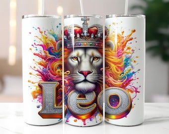 Envoltura para vaso Leo, color blanco - Vaso delgado de 20 oz, diseño recto por sublimación - Envoltura para vaso Leo - Descarga digital