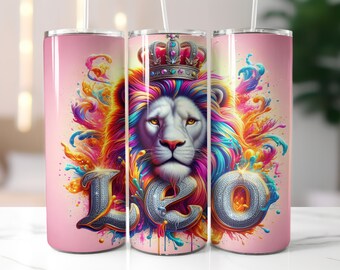 Pink Zodiac Leo Tumbler Wrap - Diseño recto de sublimación de vaso delgado de 20 oz - Leo Zodiac Tumbler Wrap - Descarga digital