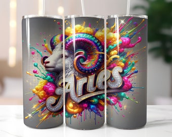 Grey Zodiac Aries Tumbler Wrap - 20oz Skinny Tumbler Sublimation Straight Design - Aries Zodiac Tumbler Wrap - Digital Download