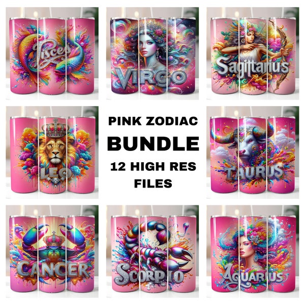 Pink Zodiac Tumbler Bundle Wraps - 20oz Skinny Tumbler Sublimation Straight Design - Zodiac Tumbler Bundle PNG - Digital Download