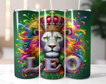Envoltura para vaso Leo, color verde - Vaso delgado de 20 oz, diseño recto por sublimación - Envoltura para vaso Leo - Descarga digital