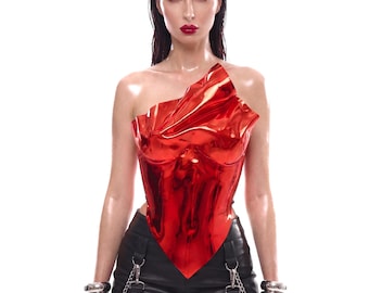 Rotes Chrom Spiegel Acryl Korsett, Rüstungs Bustier Top