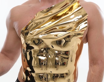Golden metallic look corset for man, futuristic Halloween male breastplate, warrior outfit