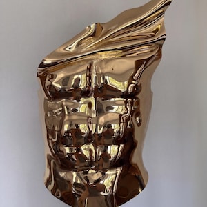 Corsé escultural dorado para hombre – Pieza de pecho de armadura futurista – Prenda de vestir de moda que marca tendencia