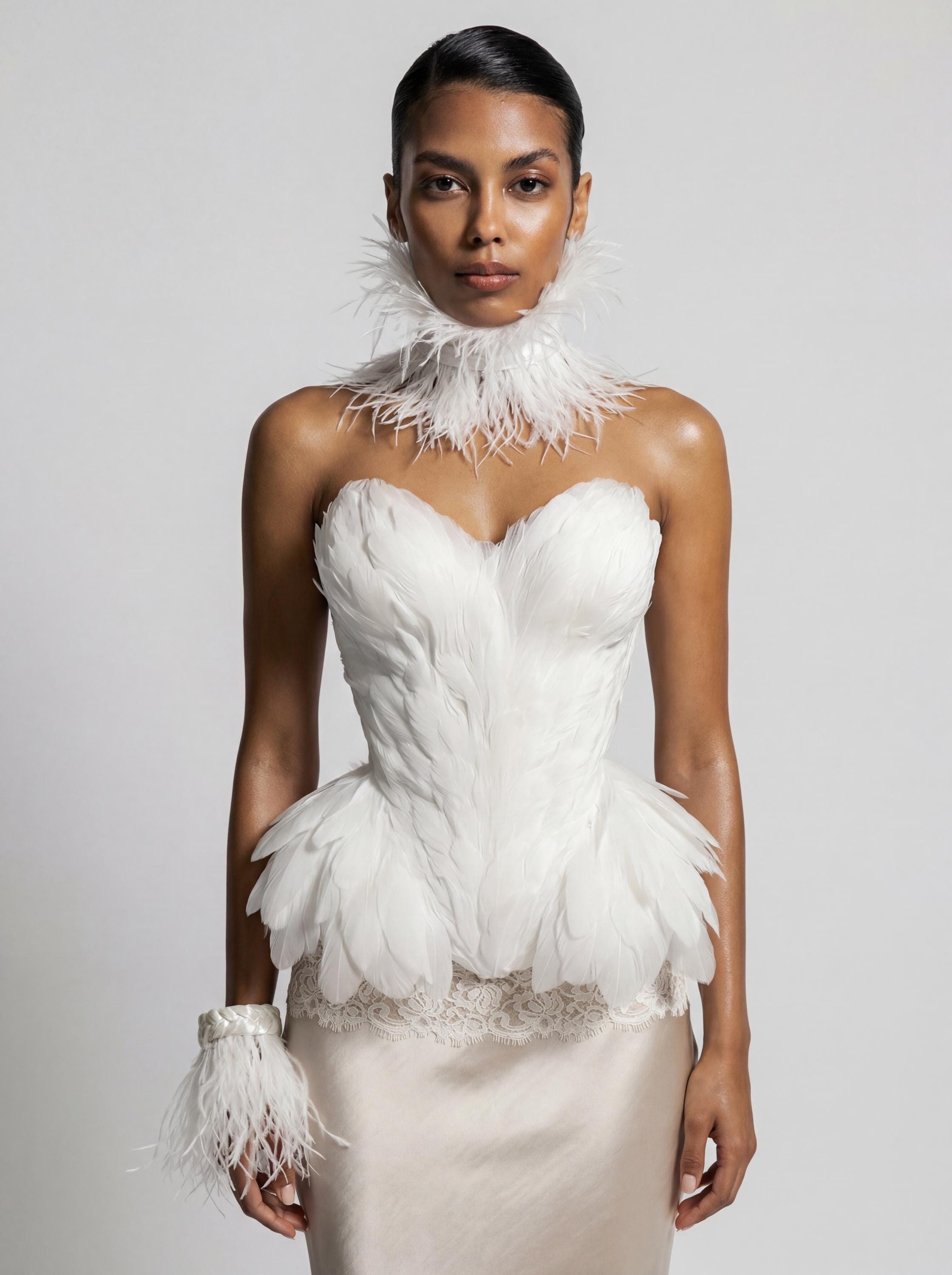white christmas dresses Serenade Corset-Bodice Midi Dress with Feather and Beaded Appliqué – kalisa main image 1