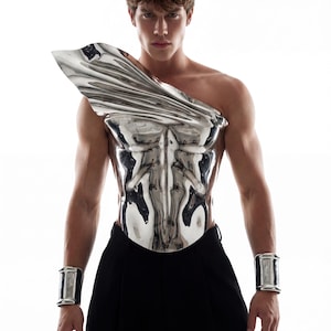 Silver Sculptural Men’s Corset – Futuristic Armor Chest Piece – Statement Fashion Bodywear