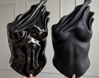 Black dramatic custom corset bustier top, breastplate armor costumes cosplay futuristic clothing, handmade art festival outfit queen top