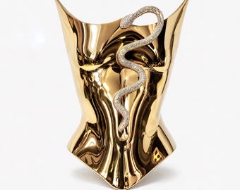 Gold Serpent Corset – Sculptural Mirror Gold Bustier with Crystal Snake, Luxury Statement Body Armor, Avant-Garde Festival & Couture Top