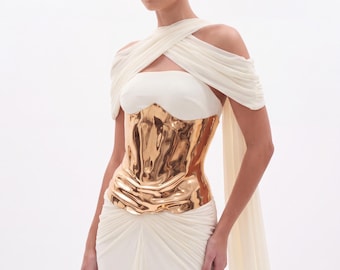 Golden Goddess Sculptural Corset – Mirror Gold Armor Waist Cincher, Greek Goddess Bridal Bodice, Luxury Fantasy Wedding, Renaissance Costume