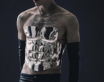 Golden metallic look corset for man, futuristic Halloween male breastplate, warrior outfit