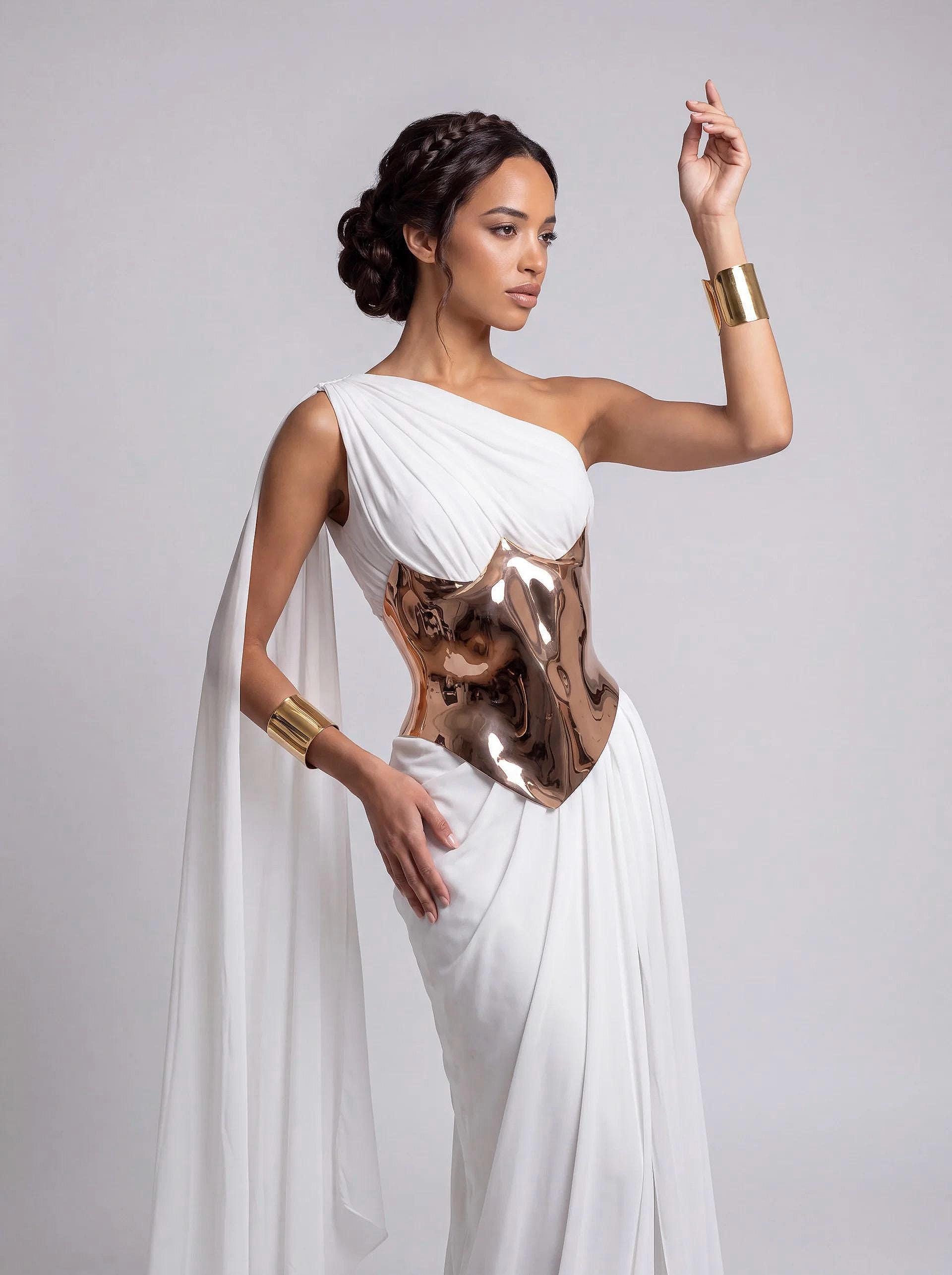 white and gold greek goddess dress With hera greek goddess costume