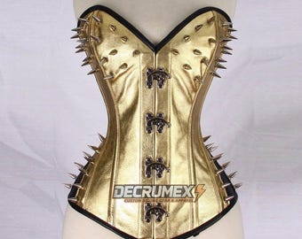 Golden Leather Spiked Corset – Steel Boned Steampunk Waist Trainer