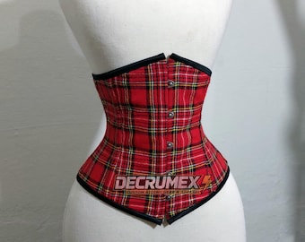 Tartan Underbust Corset, Steel Boned Waist Trainer, Gothic Steampunk Lace Up Costume