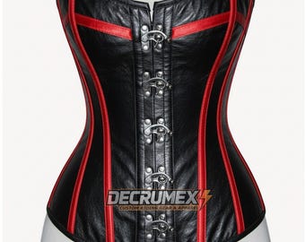 Black Leather Overbust Corset – Steel Boned Waist Trainer with Red Stripes & Front Metal Clasp