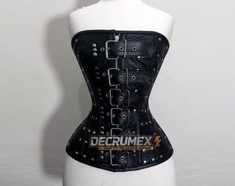 Black Leather Overbust Corset – Gothic Steampunk Steel Boned Waist Trainer