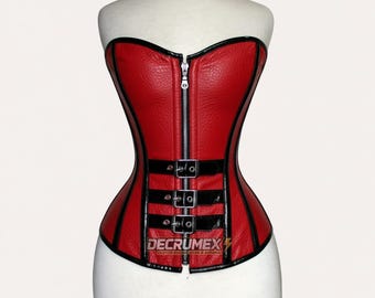 Leather Cosplay Corset for Women – Harley Quinn Red Steel Boned Overbust with Buckles & Zipper