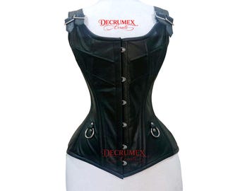 Heavy Duty Black Real Leather Overbust Corset – Steel Boned Gothic Waist Trainer, Victorian Steampunk Corset with Shoulder Straps