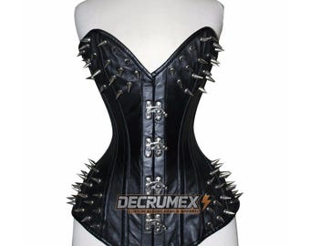 Black Leather Spiked Overbust Corset – Steel Boned Gothic Waist Trainer
