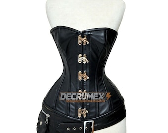 Black Leather Overbust Corset with Belt– Fully Steel Boned Gothic Steampunk Body Shaper