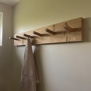 Solid Oak Peg Rail, Wall Mounted Coat Rack, Handmade Wooden Hooks, Hallway Kitchen Storage