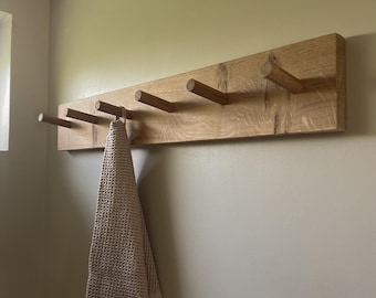 Solid Oak Peg Rail, Wall Mounted Coat Rack, Handmade Wooden Hooks, Hallway Kitchen Storage