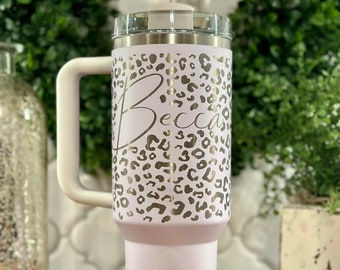 40oz Engraved Personalized Stanley Tumbler with Cheetah Print + Name/Monogram
