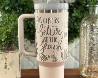 40oz Engraved Personalized Stanley Tumbler with Beach + Name