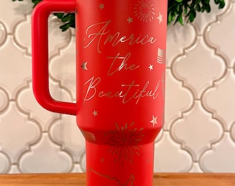 40oz Engraved Stanley Tumbler with America 4th of July Memorial Day American Flag Design