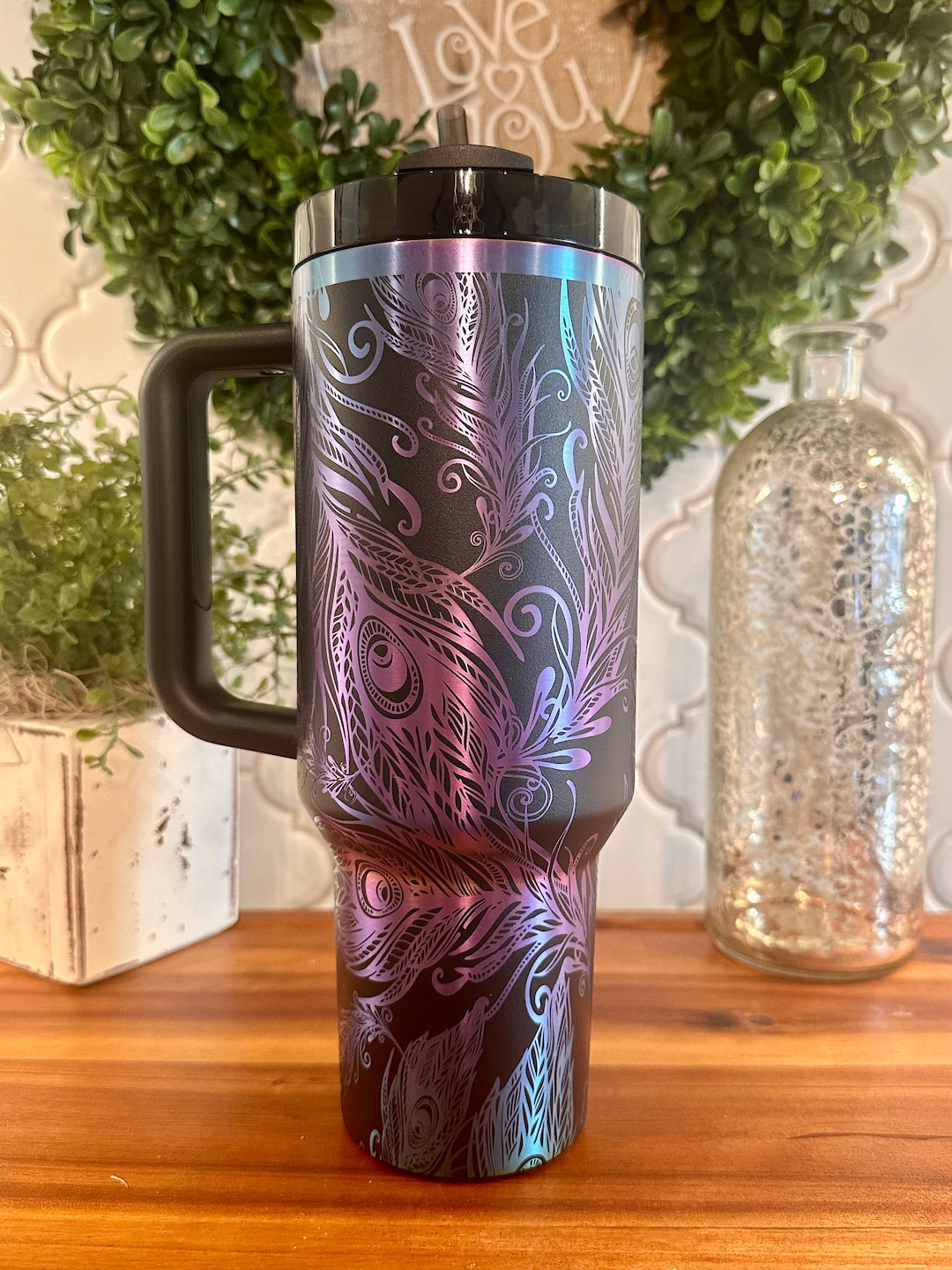 40oz Engraved Stanley Tumbler With Peacock Feathers | Engraved