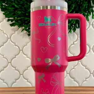 40oz Engraved Stanley Tumbler with Bows and Hearts Coquette Engraving