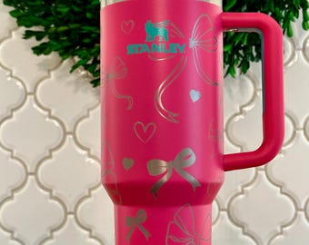 40oz Engraved Stanley Tumbler with Bows and Hearts Coquette Engraving