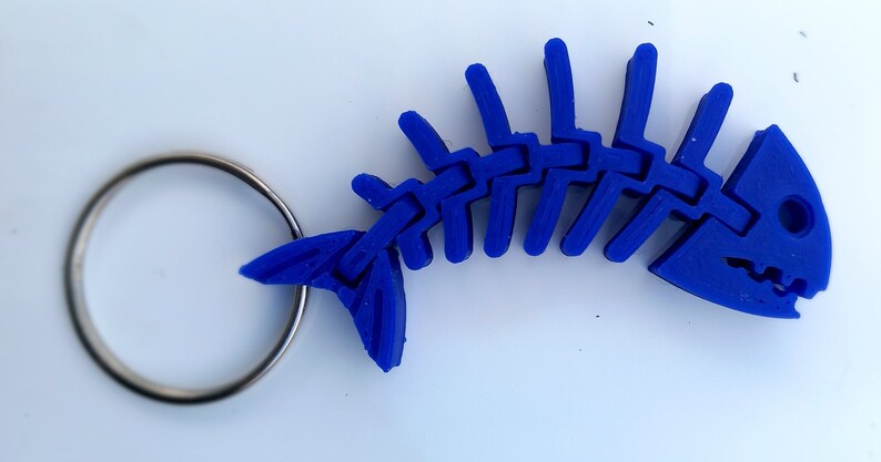 May include: A blue plastic fish skeleton keyring. The skeleton is detailed and realistic, with a silver key ring attached.