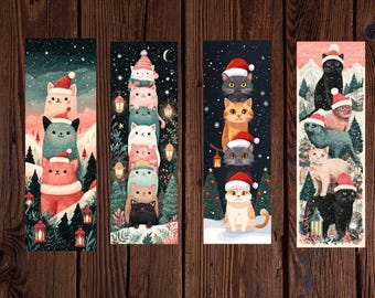 May include: Four rectangular bookmarks with illustrations of cats wearing Santa hats. The cats are stacked in various arrangements, with wintery backgrounds of snow, trees, and lanterns. The color palette includes reds, greens, and blues.