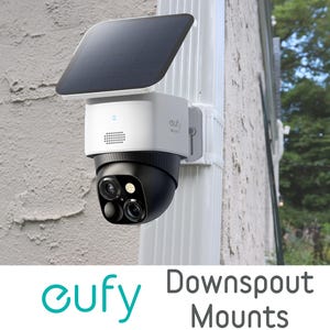 May include: A white and black security camera with a solar panel attached, mounted on a downspout. The camera has three lenses and the brand name "eufy" is visible. The text "Downspout Mounts" is below the camera.