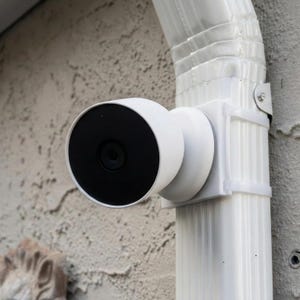 May include: A white security camera with a black lens is mounted on a white gutter downspout. The camera is attached to a textured, light-colored wall. The camera is designed for outdoor use.