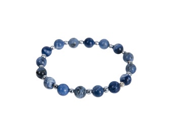 Pulsera de cristal de sodalita azul con cuentas de hematita plateada, elástica, para adultos, estilo minimalista
