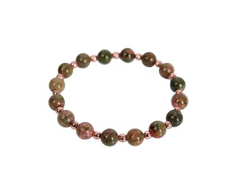 Encantadora pulsera de piedras preciosas de unakita con espaciadores de hematita de oro rosa para mujeres y hombres, joyería minimalista, elástica y con cuentas