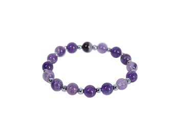 Pulsera de cristal de amatista morada con cuentas de hematita plateada, para mujer