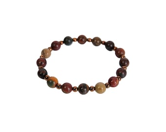 Pulsera con cuentas Picasso Jasper con cuentas espaciadoras de hematita de color cobre envejecido, diseño único, joyería unisex