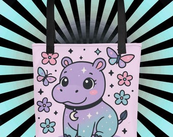 Pastel Goth Hippo Tote Bag, Kawaii Celestial Animal Design