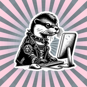 Può includere: Un'illustrazione in bianco e nero di una lontra punk rock che indossa una giacca di pelle, un collare con borchie e una collana a catena. La lontra è seduta davanti a un computer con un monitor e una tastiera.