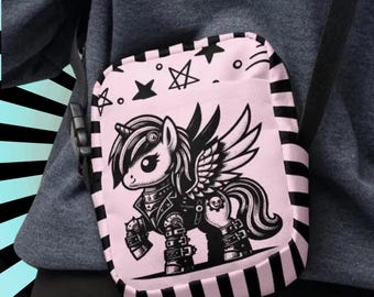 Pastel Goth Unicorn Crossbody Bag, Pink Star Pattern  Kawaii Punk Fairycore Purse
