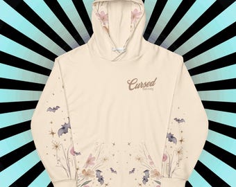 Cursed But Cozy Hoodie – Pastel Goth Floral Bat Print | DreamSage Apparel