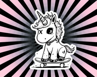 May include: A black and white illustration of a unicorn with an X over each eye, wearing a collar and riding a skateboard. The unicorn has a pink and black striped background.