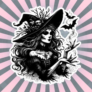 May include: Black and white illustration of a witch with long hair wearing a pointed hat and a dress. She is holding her hands up in the air, and there are bats flying around her.