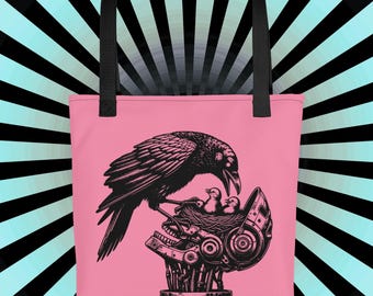 Gothic Crow and Skull Pink Tote Bag – Dark Aesthetic, Witchy Raven Art Bag, Occult Fashion, Alternative Grunge Gift Ideas