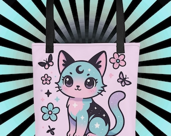 Pastel Goth Kawaii Cat Tote Bag, Witchy Celestial Kitty Design