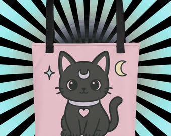 Pastel Goth Cat Tote Bag, Kawaii Witchy Alt Fashion